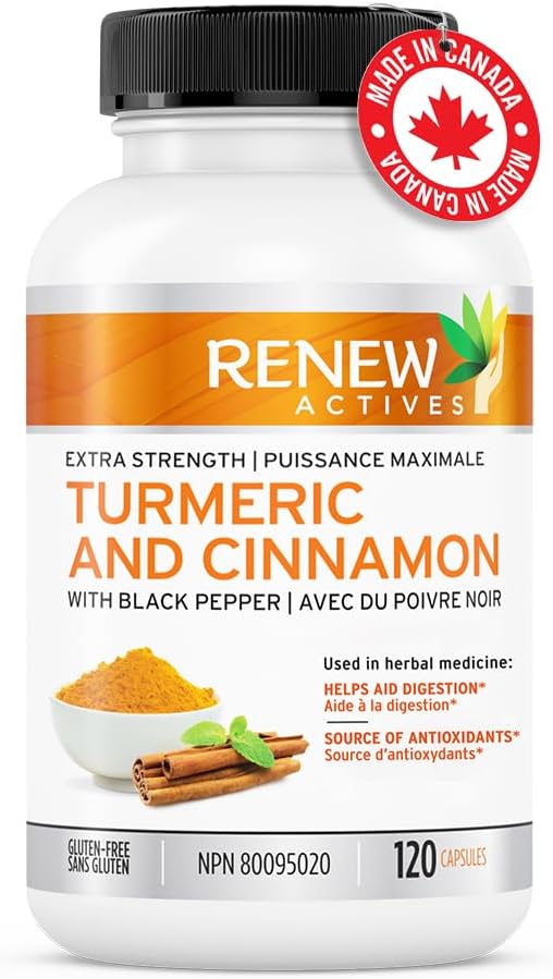 Renew Actives Organic Turmeric 474MG & Cinnamon 50MG per 2 Capsules – with Curcumin & BioPerine for Absorption – Supports Metabolism, Joint Health & Digestion – Made in Canada – 120 Capsules