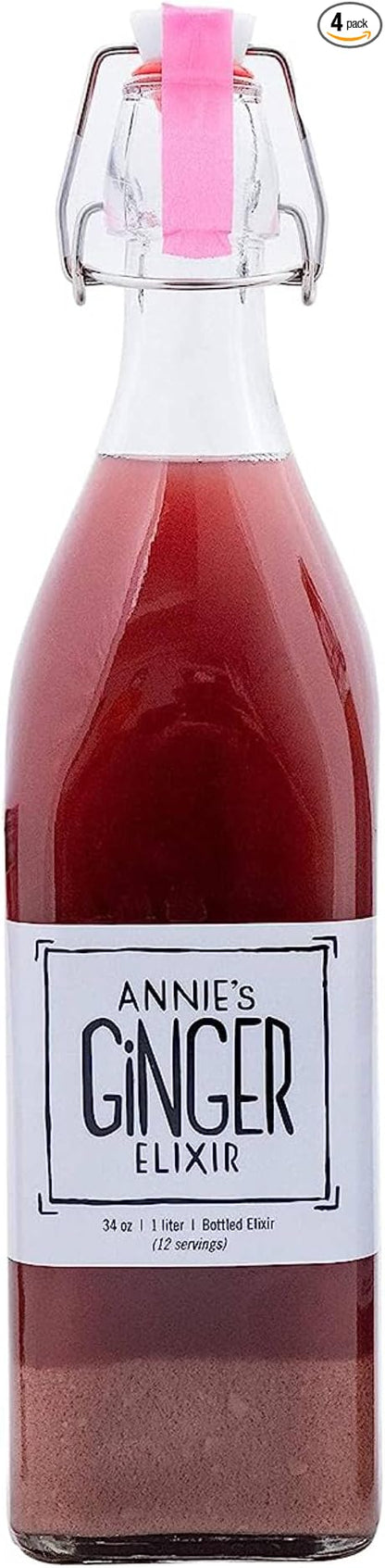 Annie's Ginger Elixir, 34oz 4-Pack, Pure Natural Organic Tonic Ginger Shot, Digestive Cleanse Boosts Immune Defense, Daily Gut Health and Wellness, Non-GMO Beverage