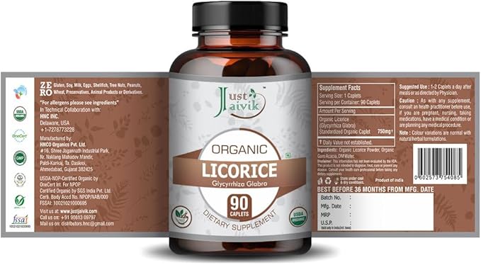 Just Jaivik 100% Organic & Pure Licorice (Glycyrrhiza Glabra) / Yastimadu/Mulethi Tablets As Dietary Supplements - 750mg (90 Tablets) | for Healthy Digestive Function & Improves Respiratory System