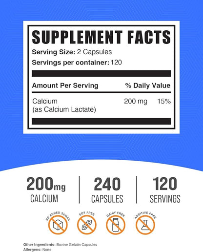 BulkSupplements.com Calcium Lactate Capsules - Calcium Lactate Supplement, 200mg per Serving - 240 Capsules (Pack of 1)
