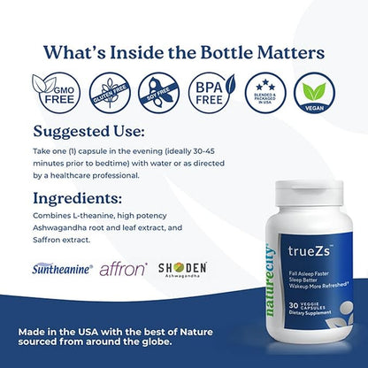 NatureCity TrueZs Melatonin-Free Natural Sleep Aids for Adults - Ashwagandha, L-Theanine, and Saffron Powder Sleep Pills to Support Falling and Staying Asleep (30 Veggie Capsules)