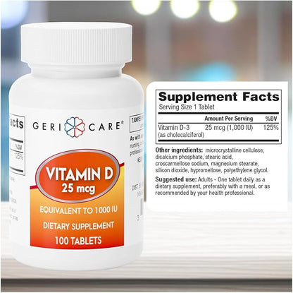GeriCare Vitamin D 25mcg Tablets, Promotes Healthy Bones & Immune Support, Dietary Supplement, 100 Count (Pack of 1)