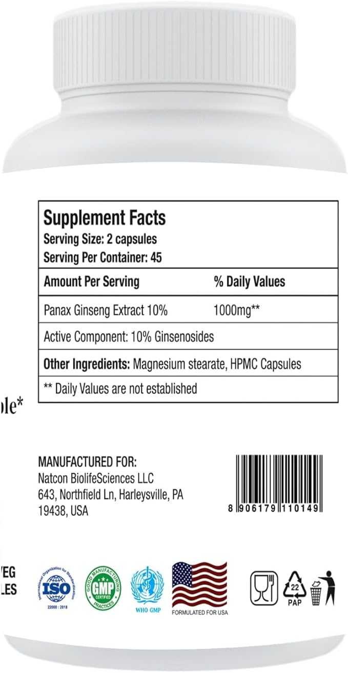 Panax Ginseng | Extra Strength |10% Ginsenosides |1000mg per Serving | 90 Veg Capsules | 45 Days Supply