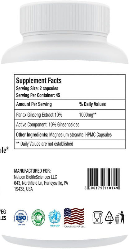 Panax Ginseng | Extra Strength |10% Ginsenosides |1000mg per Serving | 90 Veg Capsules | 45 Days Supply