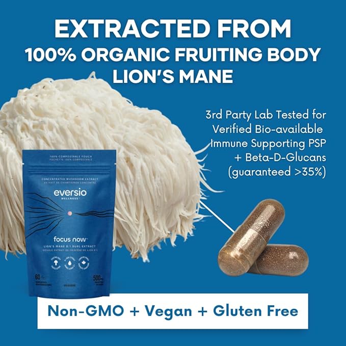 Eversio Wellness Organic Lion’s Mane Mushroom Supplement Focus Now - 8:1 Dual Extract, 500mg, 60 Vegan Capsules, >35% Beta-D-Glucans, Memory & Focus Support