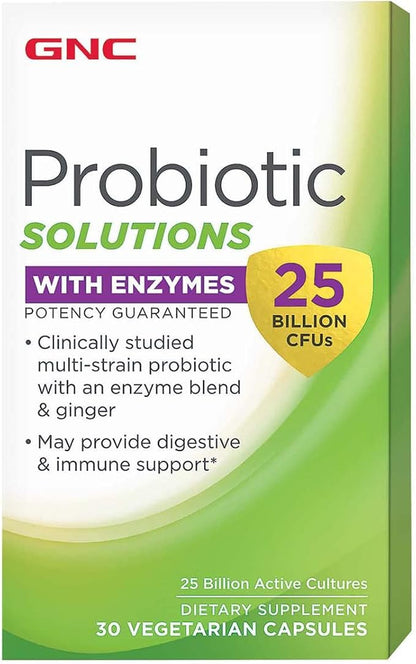 GNC Probiotic Solutions with Enzymes with 25 Billion CFUs, 30 Capsules, Daily Probiotic Support