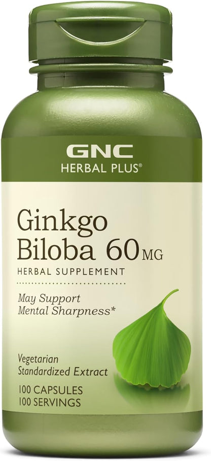 GNC Herbal Plus Ginkgo Biloba 60mg Supplement, Vegetarian, Supports Mental Sharpness, 100 Servings