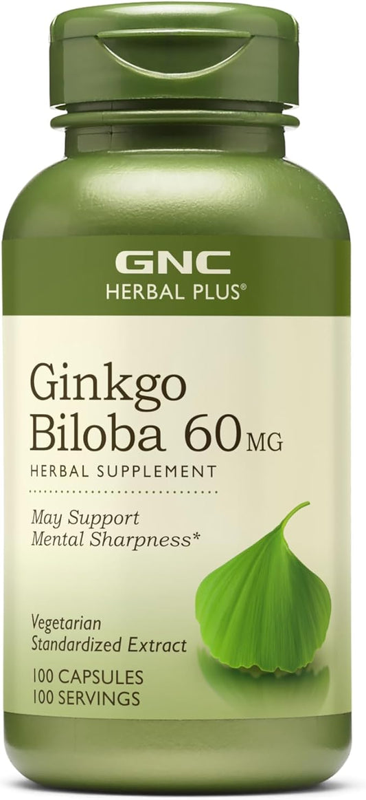 GNC Herbal Plus Ginkgo Biloba 60mg Supplement, Vegetarian, Supports Mental Sharpness, 100 Servings
