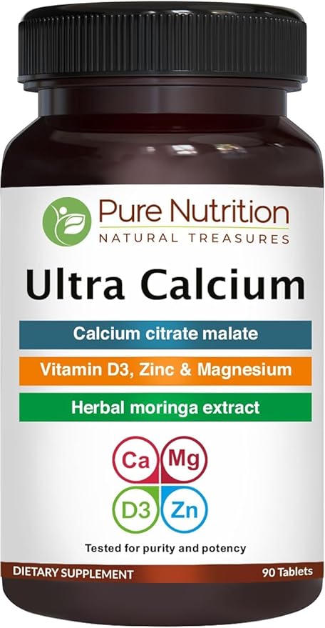 Pure Nutrition Ultra Calcium 1000mg with VIT D3 + K2 | 90 Tab | Highly absorbable Calcium Supplement with Calcium Citrate Malate, VIT D3, K2, Moringa Oleifera, Magnesium and Zinc.