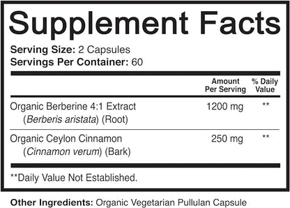 NutriFlair Organic Berberine with Ceylon Cinnamon 1450mg, 120 Capsules