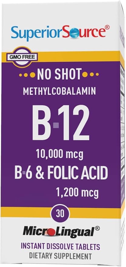 Superior Source No Shot Vitamin B-12 Methylcobalamin 10000 mcg, B-6 & Folic Acid 1200 mcg - Supports Brain & Heart Health - Aids Natural Energy Levels - 30 Sublingual Dissolving Tablets