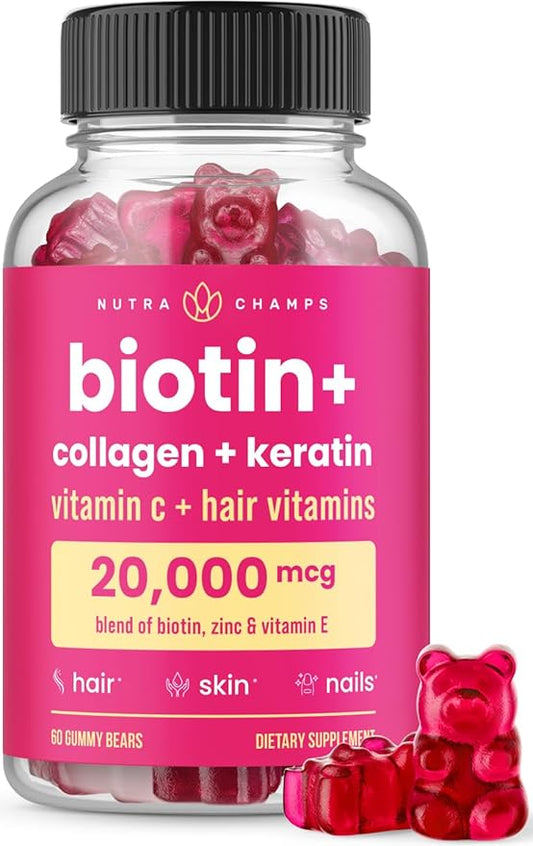 NutraChamps Hair Skin & Nails Gummies | Biotin with Collagen & Keratin | 5000mcg Biotin Beauty Complex | Vitamin Supplement for Women & Men | Berry | Healthy Hair, Radiant Skin & Strong Nails