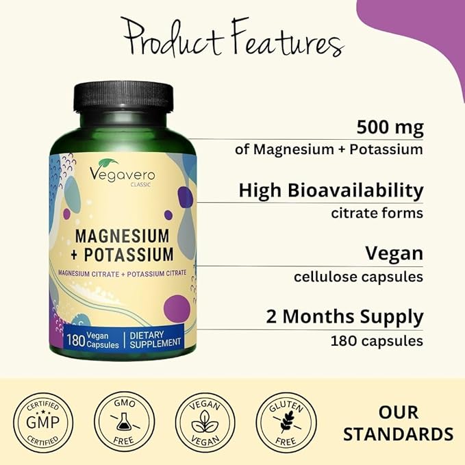 Potassium (250 mg) Magnesium (250 mg) Citrates | Highly Bioavailable Supplement | Blood Pressure, Nervous System, Nerve Support* | Lab-Tested, NO Artificial Additives | 180 Capsules | Vegan