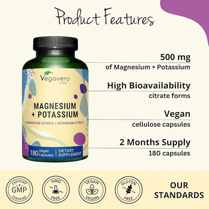Potassium (250 mg) Magnesium (250 mg) Citrates | Highly Bioavailable Supplement | Blood Pressure, Nervous System, Nerve Support* | Lab-Tested, NO Artificial Additives | 180 Capsules | Vegan