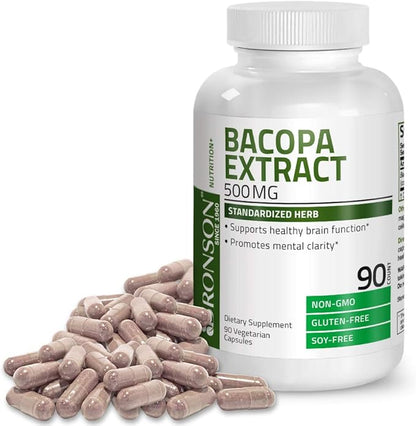 Bronson Bacopa Monnieri Extract 500 mg - Promotes Mental Clarity and Brain Function - Non GMO, 90 Vegetarian Capsules
