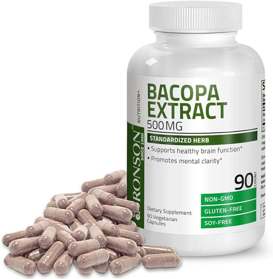 Bronson Bacopa Monnieri Extract 500 mg - Promotes Mental Clarity and Brain Function - Non GMO, 90 Vegetarian Capsules