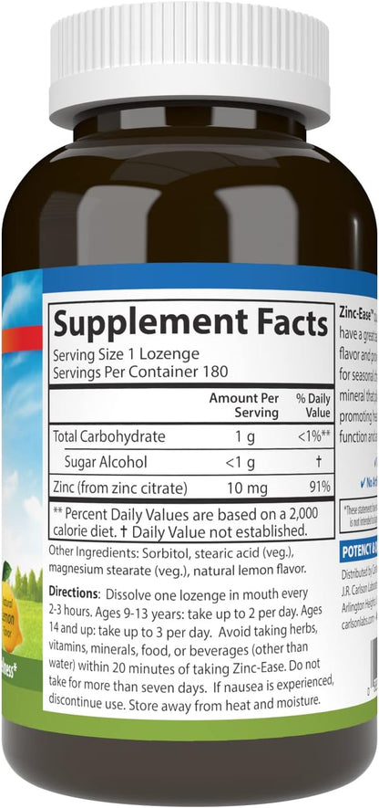 Carlson - Zinc-Ease, Soothing Lozenge, Health Support & Optimal Wellness, Lemon, 180 Lozenges