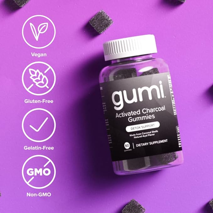 gumi Nutrition Coconut Activated Charcoal Gummies - Charcoal Supplements for Detox, Oral Health & Gut Health - 200mg Gummy Vitamin - Gluten Free, Vegan & Non GMO - Natural Açaí Flavor (60 Count)