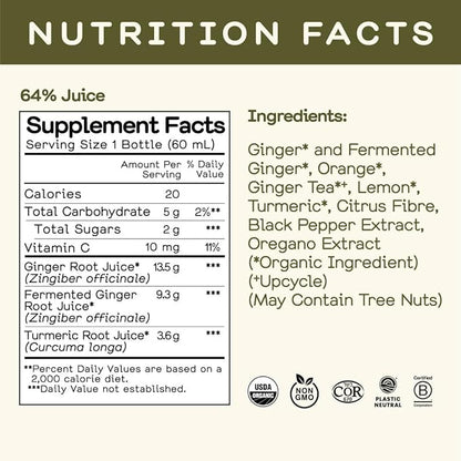 Greenhouse Juice Organic Fiery Ginger Wellness Shot, Cold Pressed with Turmeric Pepper Vitamin C Ginger Juice Immunity Shots Vegan & Gluten-Free (2 Oz, Pack of 24)