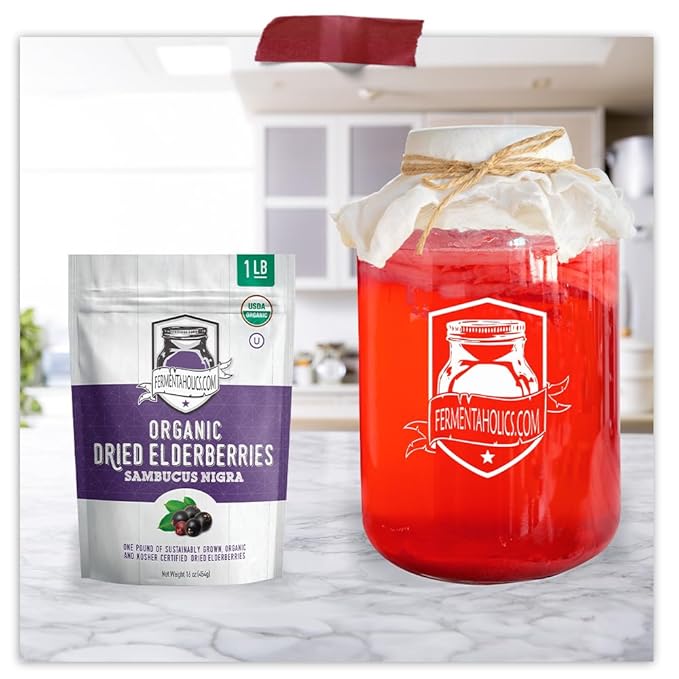 Fermentaholics | USDA Organic Dried Elderberries - 1 LB | All Natural Free of Chemicals | for Syrup, Gummies, Kombucha, Tea, and Wine | Sambucus Nigra | Elderberry Syrup Instructions Included