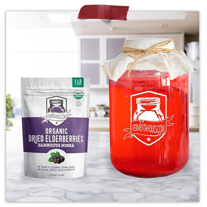 Fermentaholics | USDA Organic Dried Elderberries - 1 LB | All Natural Free of Chemicals | for Syrup, Gummies, Kombucha, Tea, and Wine | Sambucus Nigra | Elderberry Syrup Instructions Included