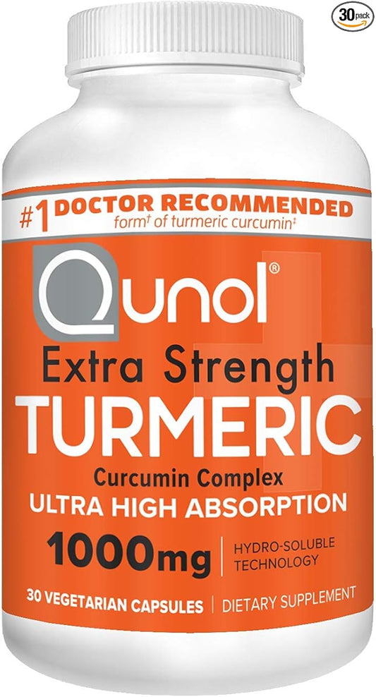 Qunol Turmeric Curcumin Capsules, 1000mg Extra Strength Supplement, Patented Hydro-Soluble Technology, Alternative to Turmeric Curcumin with Black Pepper, 30 Veggie Capsules