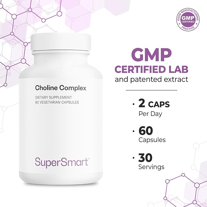 Supersmart - Choline Complex (Patented & High Strength) - with Choline Bitartrate, GPC Choline & CDP Choline - High Potency Choline Supplements | Non-GMO & Gluten Free - 60 Vegetarian Capsules