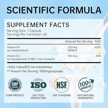 Vitamin D3 K2 Supplement with Vitamin D3 (5000 IU), K2 & MCT Oil - Non-GMO, Gluten-Free, Easy to Swallow Capsules for Bone Health, Heart & Immune Support, 60 Softgels
