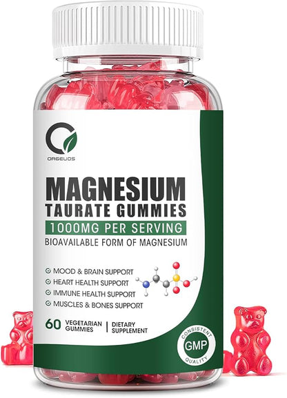 Magnesium Taurate Gummies with Magnesium Taurate, Magnesium Glycinate & Magnesium Citrate-for Heart Health, Muscles Function, Mood Support-Vegetarian, Non-GMO