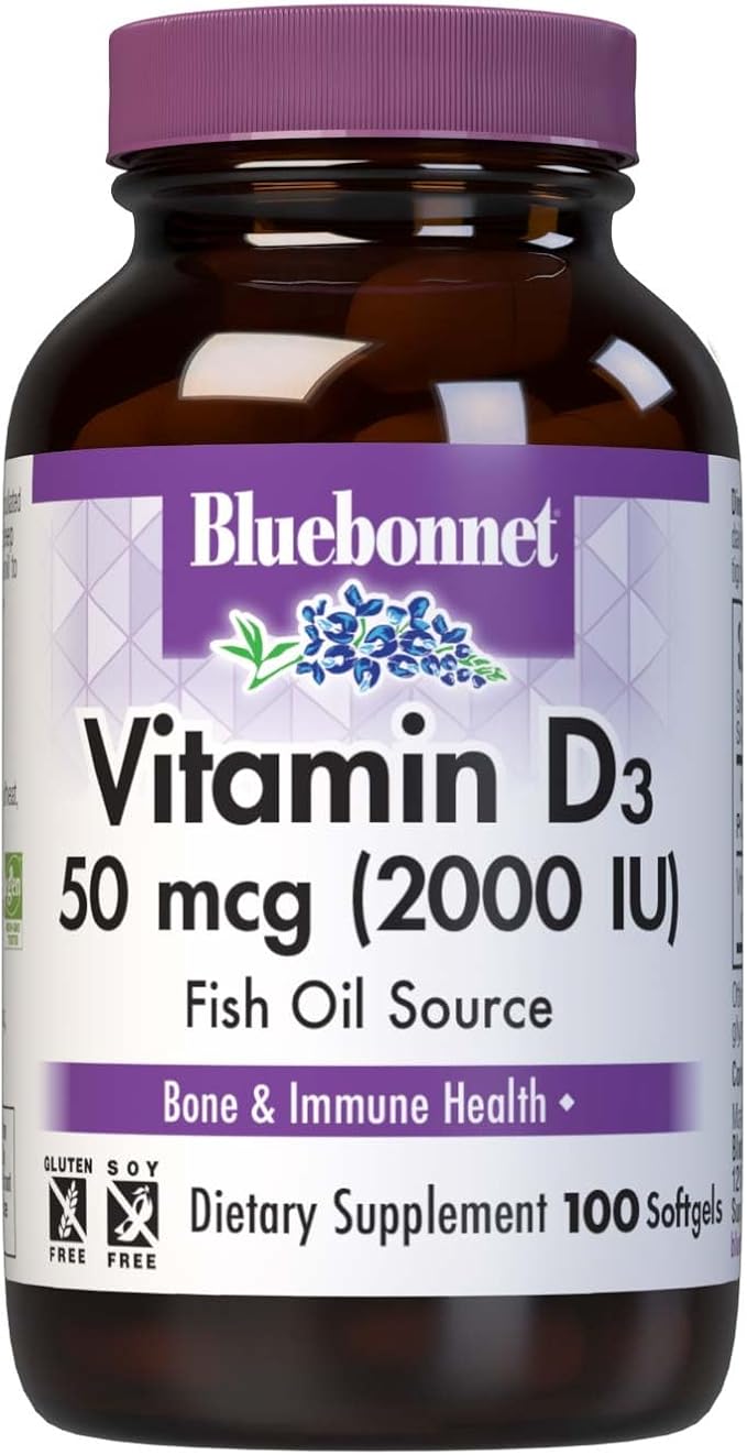 Bluebonnet Vitamin D3 2000 IU Vegetable Capsules, 100 Count (Pack of 1)