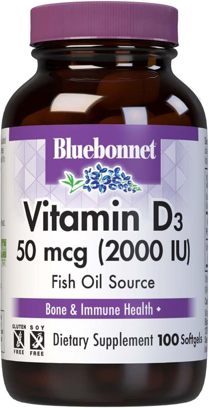 Bluebonnet Vitamin D3 2000 IU Vegetable Capsules, 100 Count (Pack of 1)