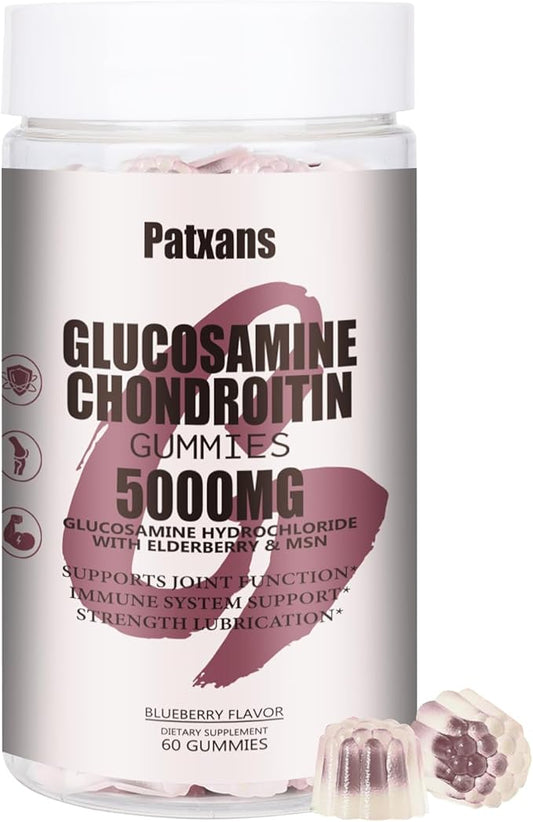 1Pack 5000MG Glucosamine Chondroitin Gummies with MSM & Elderberry Extra Strength - Joint Support, Antioxidant Immune Support Supplement for Adults, Men & Women, Blueberry Flavor, 60 Count.