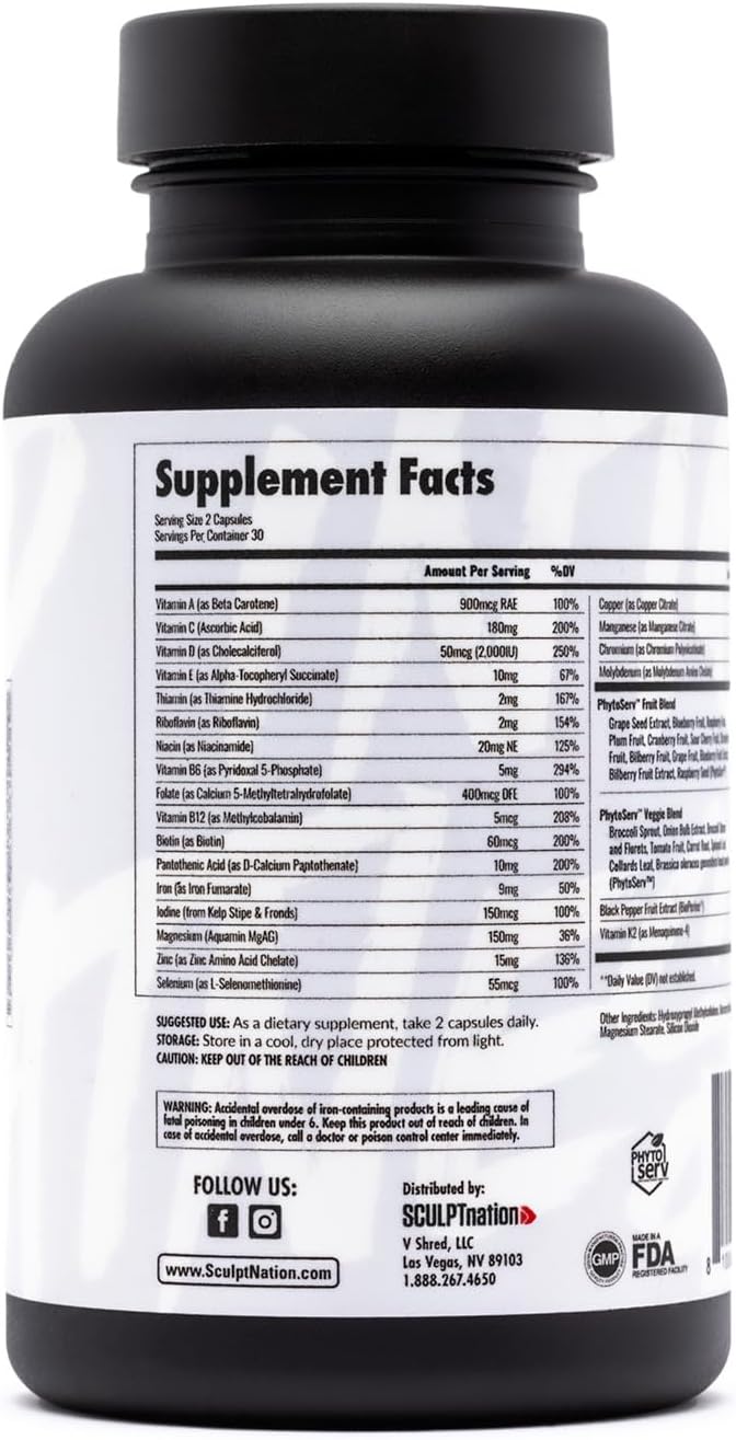 Sculpt Nation by V Shred Multivitamin - Daily Multivitamin for Women and Men with Zinc, Vitamin C, and Copper, Nutritional Support with One Serving of Fruit and Veggies - 60 Capsules