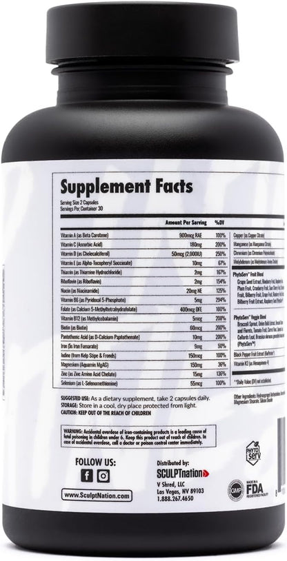 Sculpt Nation by V Shred Multivitamin - Daily Multivitamin for Women and Men with Zinc, Vitamin C, and Copper, Nutritional Support with One Serving of Fruit and Veggies - 60 Capsules