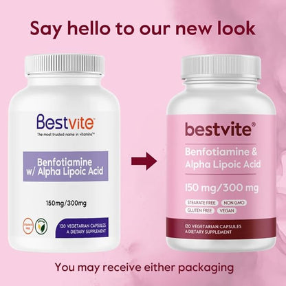 BESTVITE Benfotiamine 150mg / Alpha Lipoic Acid 300mg (120 Vegetarian Capsules) - No Stearates - Vegan - Gluten Free - Non GMO
