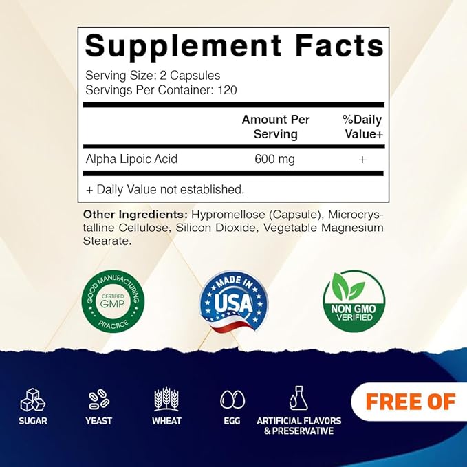 Vitamatic Alpha Lipoic Acid (ALA) 600mg Per Serving - 240 Vegetable Capsules - 120 Servings - Non-GMO & Gluten Free