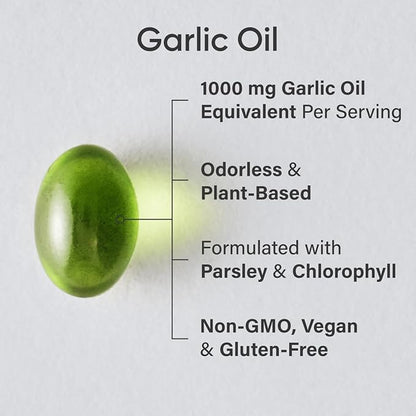 Sports Research Odorless Garlic Oil Pills (1000mg) with Parsley & Chlorophyll | Non-GMO Verified, Vegan Certified & Gluten Free (150 Plant Gels)