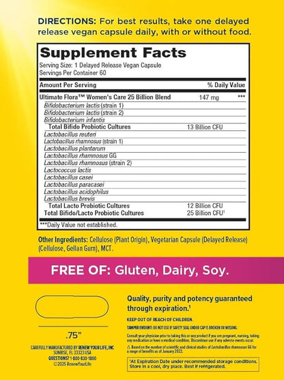 Ultimate Flora Probiotics for Women 25 Billion CFU Delayed Release Vegan Capsules | Vaginal | Digestive Health | Immune Health | Dairy Free | 60 Count