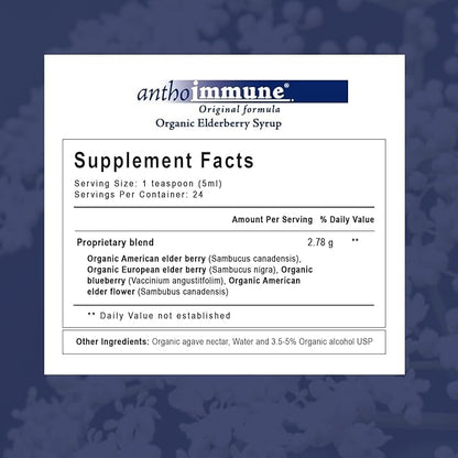 Organic Elderberry Syrup - Anthoimmune - Immune Support Supplement for Adults and Kids- USDA Organic, Ultra-Premium Black Elderberry Formula (4 oz) 24 Servings