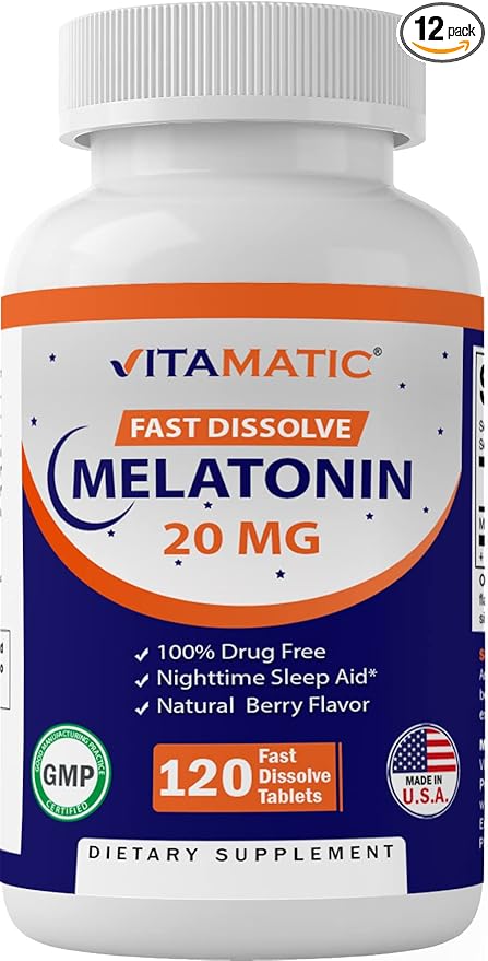 Vitamatic Melatonin 20 mg Tablets | Vegetarian, Non-GMO, Gluten Free | HIGH Potency 20 MG | Natural Berry Flavor (1/2 Tablets = Melatonin 10 mg) (120 Count (12 Pack Wholesale Buy))