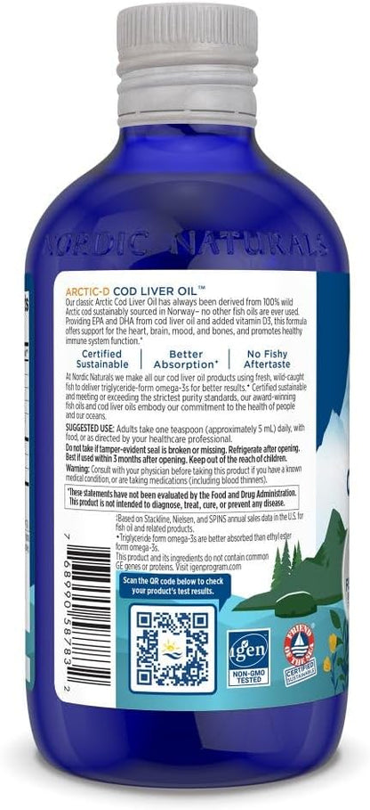 Nordic Naturals Arctic-D Cod Liver Oil, Lemon - 8 oz - 1060 mg Total Omega-3s + 1000 IU Vitamin D3 - EPA & DHA - Heart, Brain, Bone, Immune & Mood Support - Non-GMO - 48 Servings