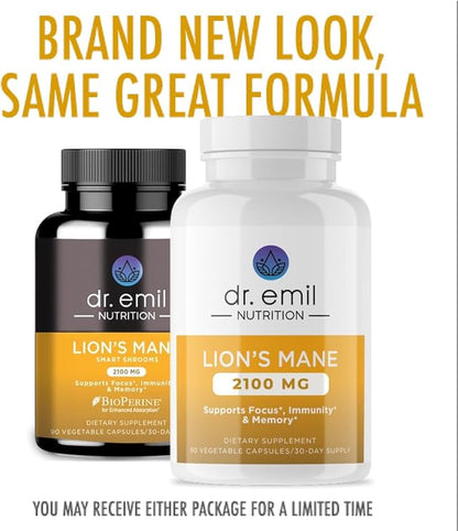 DR. EMIL NUTRITION 2100mg Organic Lions Mane Supplement Capsules - Focus, Mental Clarity & Cognition - Nootropic Lion's Mane Mushroom Supplement with Organic Lions Mane