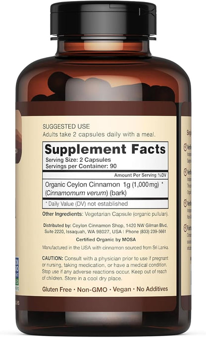 Organic Ceylon Cinnamon (100% Certified) Supplement, 180 Capsules, 3 Month Supply