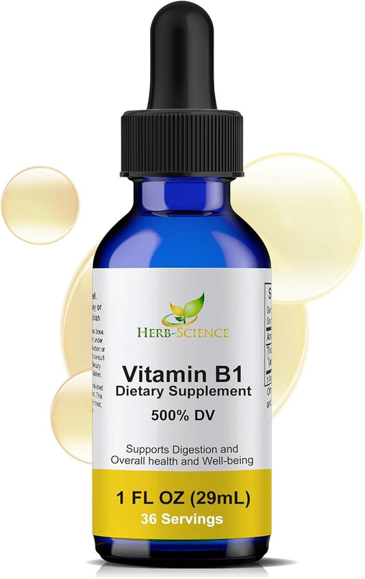 Liquid Vitamin B1 Drops - Daily Thiamine Supplement to Support Digestion, Nervous System, Heart Health, Stress Relief, Natural Energy Booster - 500% DV, 36 Servings per Bottle - 1 fl. oz.