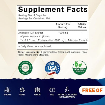Vitamatic Artichoke Extract Vegetable Capsules 1000mg 240 Count - 10:1 Extract 1000 mg - Non-GMO, Gluten Free Supplement - Made in The USA