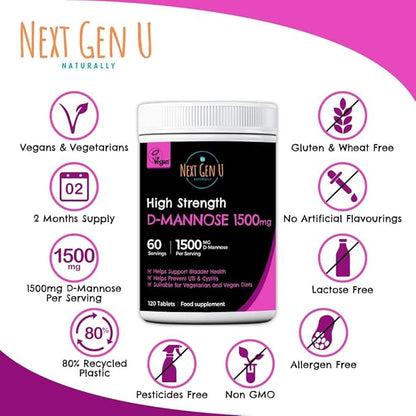 D Mannose - 1500 mg - Health Food & Dietary Supplement - 120 Vegan Caplets - May Help Support a Healthy Urinary Tract & Bladder - by NextGenU