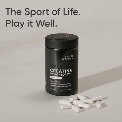Sports Research® Creatine Monohydrate Capsules - May Support Workout Recovery, Lean Muscle gain, Performance and Strength* - Non-GMO, Vegan Certified - 5g per Servings - 30 Servings
