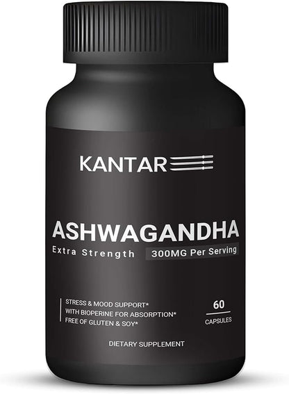 KANTAR Organic Ashwagandha Capsules 3000mg for Extra Strength, Stress & Mood, Focus and Energy Support Supplement Support with BioPerine for Absorption Free of Gluten and SOYA - 60 Capsules
