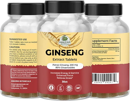 Panax Ginseng Extract Tablets - 200mg Highly Potent 80% Ginsenosides for Energy & Relaxation - Natural Herbal Supplement for Cognitive Booster - 30 Tablets