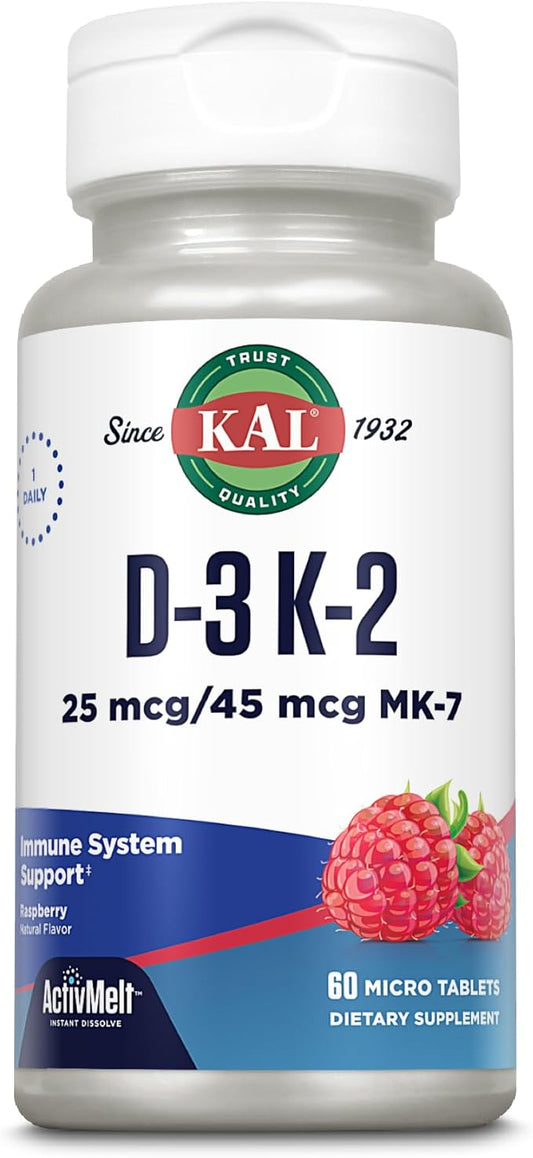 Kal 1000 Iu D-3 & K2 Tablets, Raspberry, 60 Count (Pack of 1)
